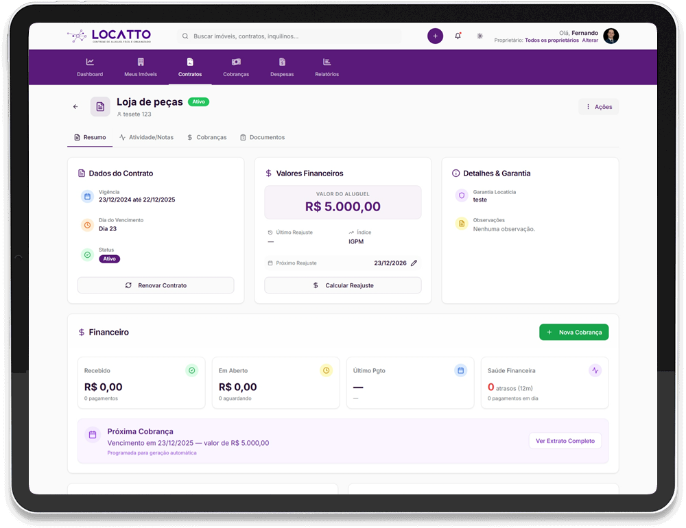 Dashboard Locatto no Tablet